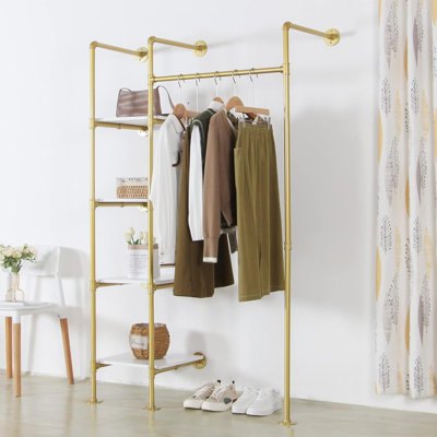 Heavy Duty Garment Rack With Shelves - Freestanding Metal Clothing Rack System For Hanging Clothes, Industrial Pipe Wardrobe Storage Solution