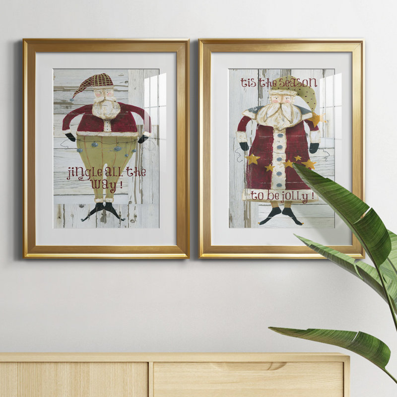 " Jingle Santa " 2 - Pieces, 30" H x 22" W x 1" D, Gold Framed Paper, White