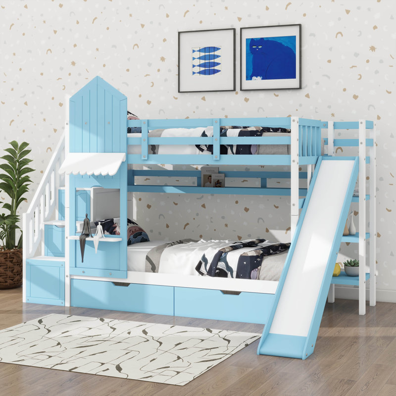 Lit superposé d'inspiration château double avec 2 tiroirs, 3 tablettes et glissade, Bleu