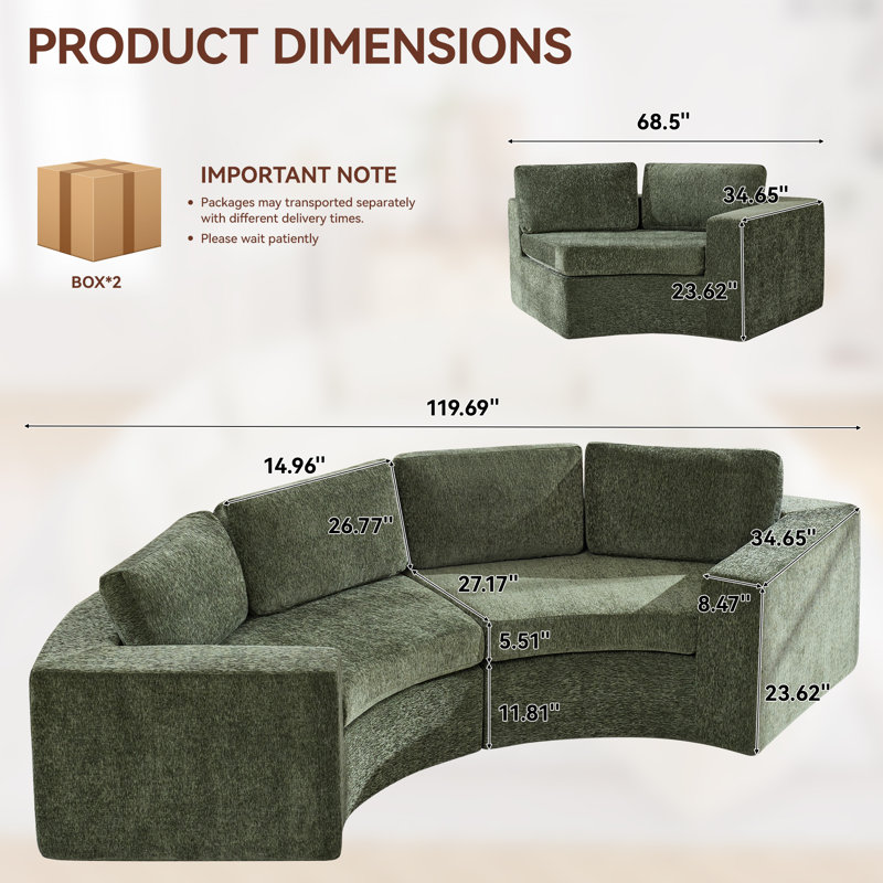 Canapé modulaire courbé Boneless, 4 à 12 places avec accoudoirs larges de 8,47 po, aucun assemblage requis, Vert, 4