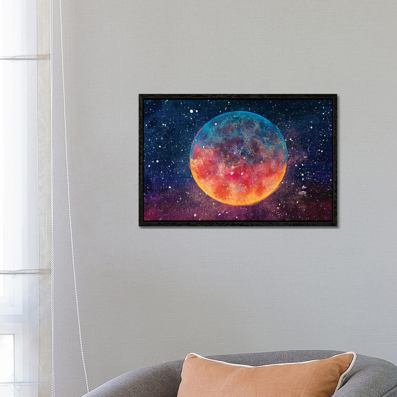 Beautiful Big Planet Moon among Stars in Universe 1 Piece Painting on Canvas, 45.72cm H x 66.04cm W x 3.81cm D, Black Framed