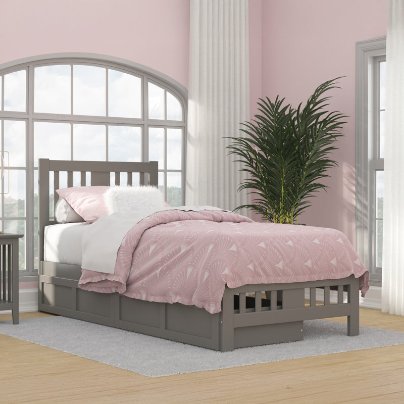 Lit plateforme avec rangement en bois massif Yarelie, gris, Simple TG