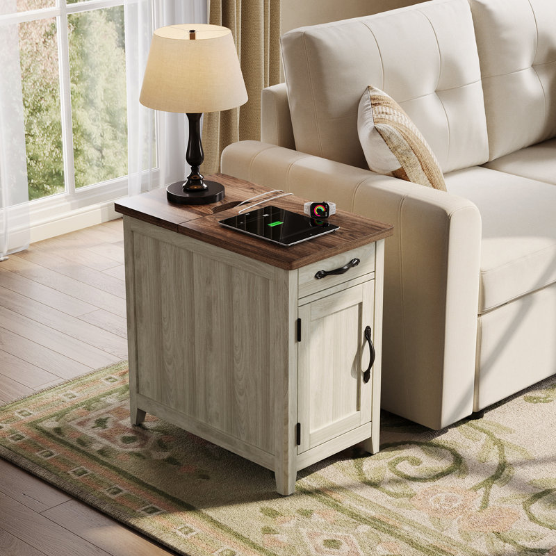 Aneshia End Table with Storage and Charging Station, Brown Top/Light Gray Base