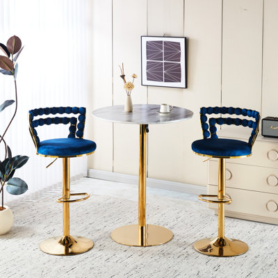 Tabourets de bar rembourrés bleu moderne (de 2) avec pieds tubulaires en fer doré, sièges moelleux pour plusieurs pièces, tabouret élégant à 2 cadres, salon confortable et café