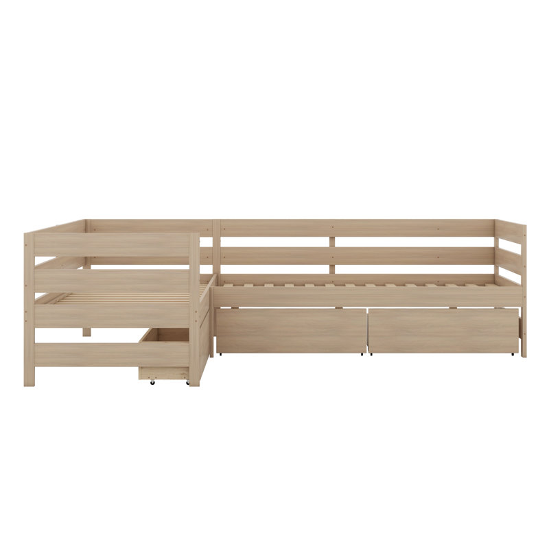 Lit plateforme en L avec trois tiroirs de rangement, Naturel