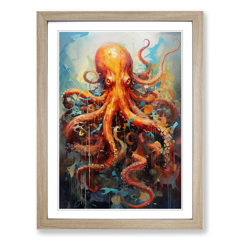 Octopus Expressionism - Single Picture Frame Print on Wood, Oak Framed, 64cm H x 46cm W x 2cm D