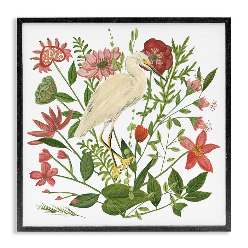 Fleurs nautiques et aigrette, art giclée blanche encadrée par Melissa Wang, H 12 po x l 12 po, Giclée encadrée noir minuit