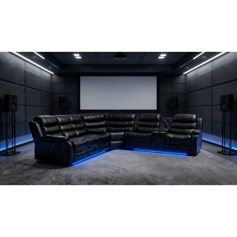 Canapé modulaire manuel inclinable en cuir noir avec haut-parleur 6 places, Similicuir noir