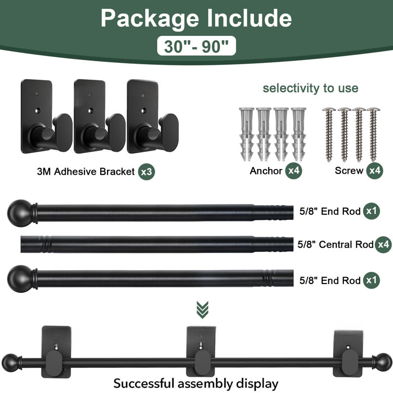 Ensemble de tringles à rideaux sans perçage pour fenêtres de 30 à 90 pouces, ensemble de tringle à rideaux sans perçage de 5/8 po de diamètre avec supports adhésifs 3M, noir