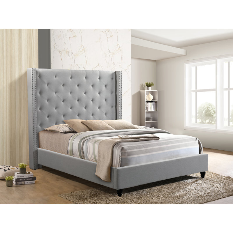 Upholstered Wingback Bed, Beige, Queen
