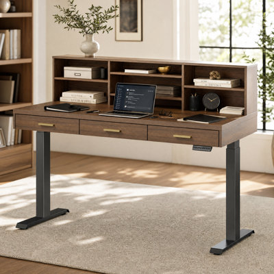 59"W Modern Executive Height Adjustable Desk with Storage Hutch, 3 Drawers & Power Outlet for Office & Study