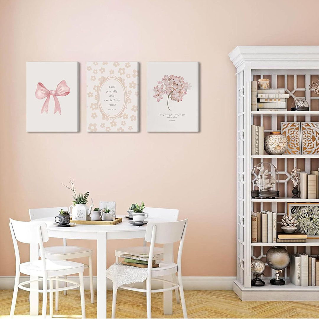 Nursery Christian Wall Art Set Of 3, Bible Verse Canvas Wall Decor,Coquette Pink Bow Prints Paintings, Girl Nursery Room Pictures For Bedroom Kids Roo