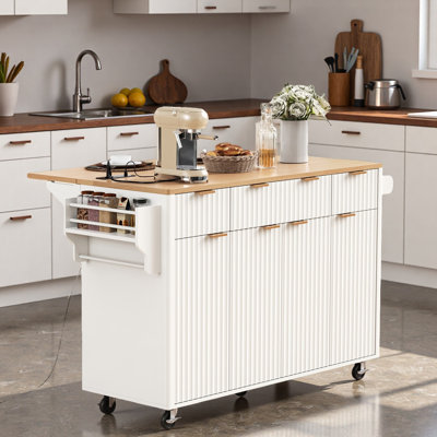 Rolling Fluted Kitchen Island With Drop Leaf, Power Outlet, 4 Doors, 3 Drawers, Curved Edge And Spice Rack