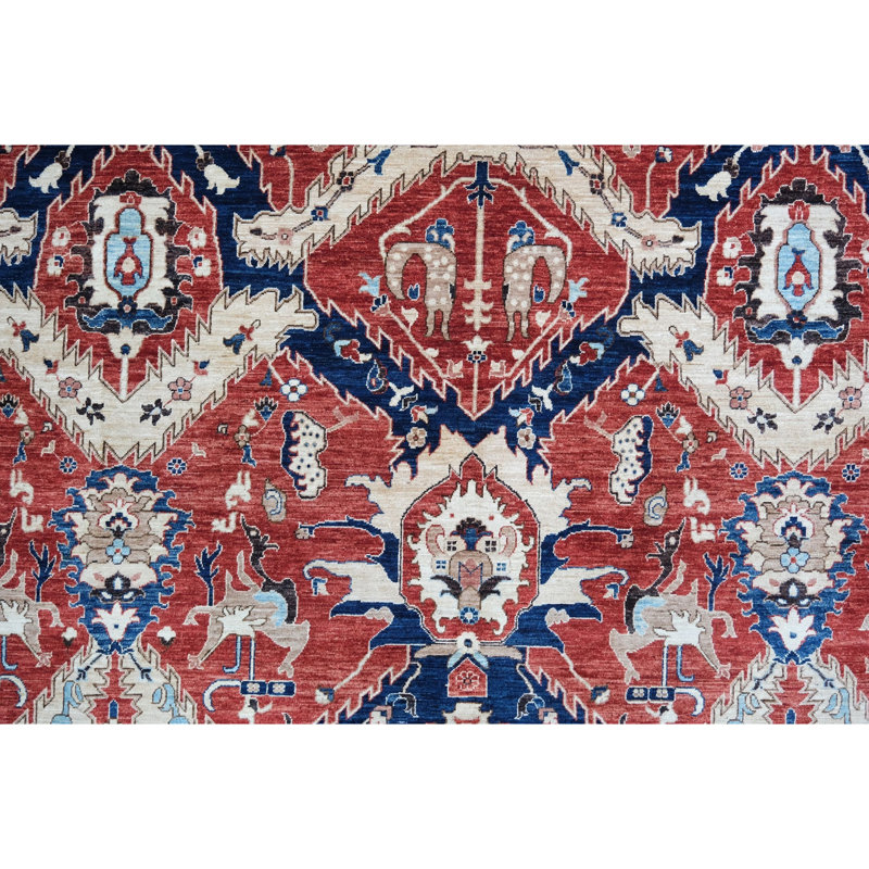 Tapis rouge et bleu marine noué à la main de haute qualité