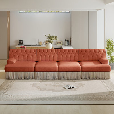 Canapé modulaire en velours capitonné à boutons 135 po avec jupe à frange drapée de 135 po Chesterfield, base en bois de qualité supérieure, coussins en mousse haute résistance à haute résilience, assemblage facile pour les espaces de détente
