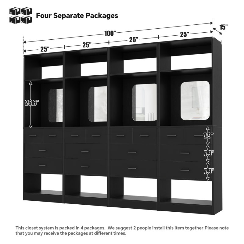 Système d'organisation en bois avec miroirs, Noir