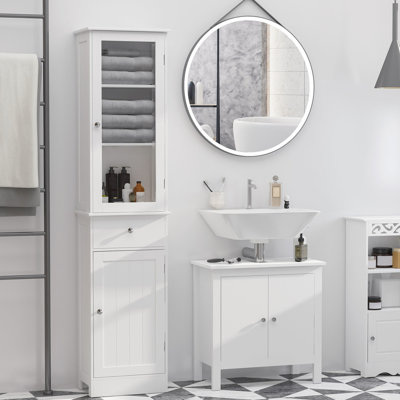 Bathroom Storage Cabinet Tower - Tall Narrow Linen With Acrylic Door White For Bathrooms And Living Areas Slim Door, Drawer, Shelves Space Saving Bath & Area