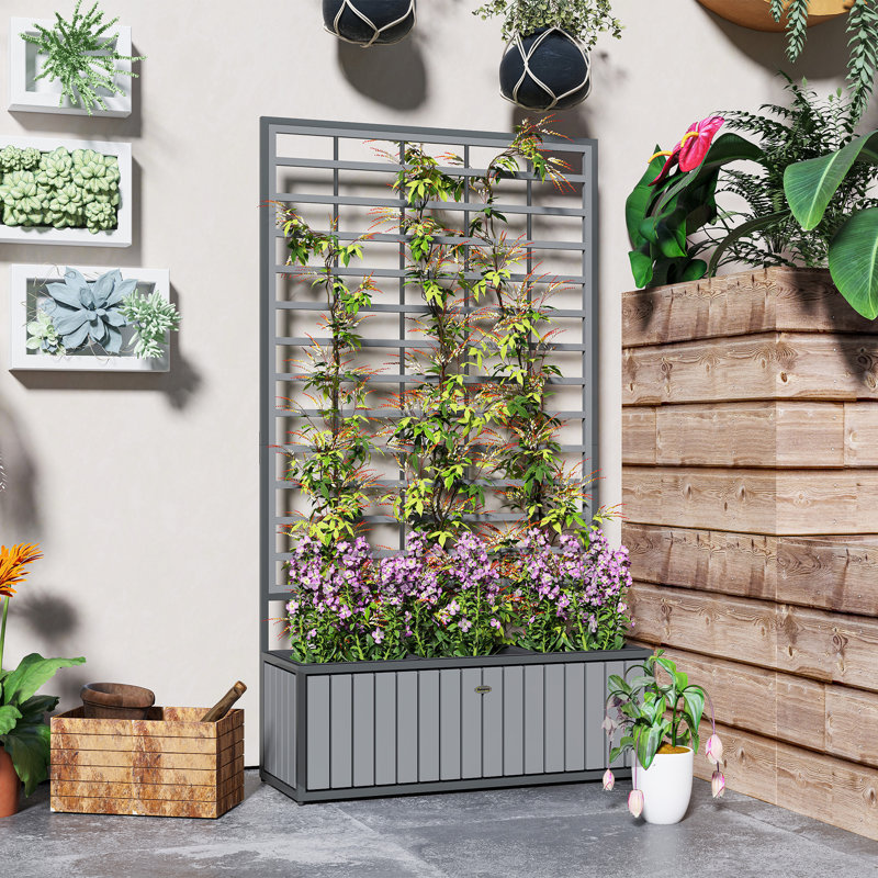 Wooden Raised Garden Bed With Trellis, Removable Pots, For Backyard, Patio, Balcony, 29" X 11" X 52", Gray, Gray