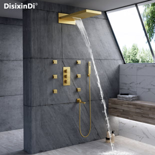 Wall Mounted Waterfall & Rain Shower Head Brushed Gold Shower Faucet Set, Rough-In Thermostatic Valve Included