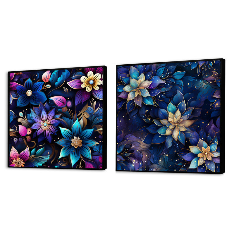 Celian - Ensemble de 2 collages floraux et botaniques carrés, Cadre flottant noir, H 30 po x l 61 po
