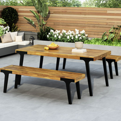 2 Wood Bench In Modern - Slat Panel Design, Weather , 17.75" H Look, Top, To Weather, by East Urban Home
