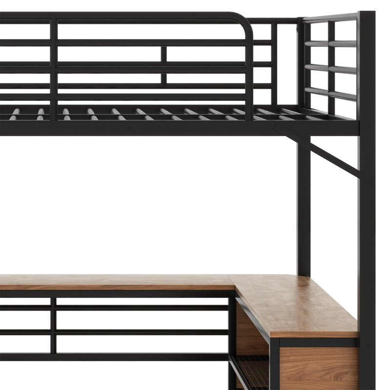 Loft Bed With 3 Layers Of Shelves And L-Shaped Desk, Black, Full