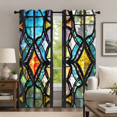2Pcs Stained Glass Pattern Curtains, Colorful Geometric Art Style Curtain, Retro Church Window Inspired Printed Grommet Drapes, Window Treatment for Bedroom Living Room Decor