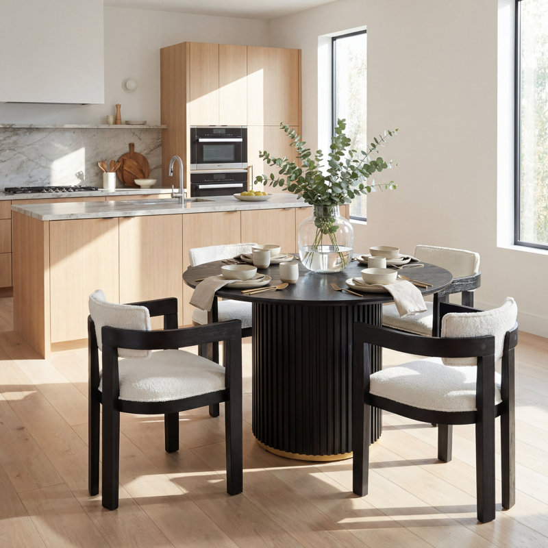 Kushnir 5-Piece Round Pedestal Dining Table Set With Boucle Upholstered Chairs