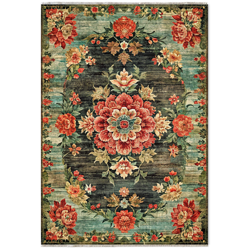 Vintage Look Eilette Pink Blue Red Floral Cotton Chenille Area Rug, Runner 6'7" x 16'5"