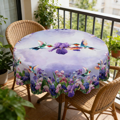 Purple Iris Hummingbird Spring Tablecloth, Washable Round Tablecloth, Ideal for Indoor Dining and Family Gatherings