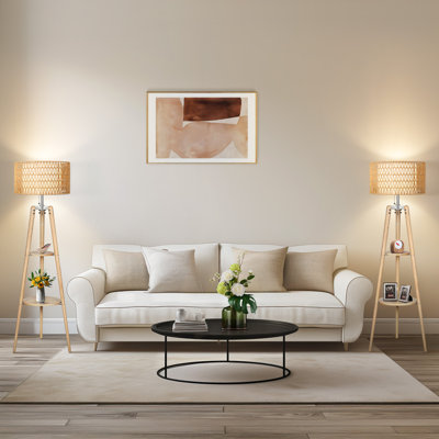 Acklins 61" Dimmable Tripod Floor Lamp Rattan Linen Dual Lampshades, Remote-Bulbs