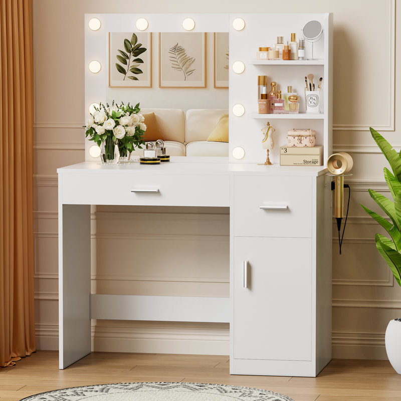 Ensemble de meuble-lavabo en bois manufacturé l 39,3 po avec miroir DEL et station de charge , Blanc