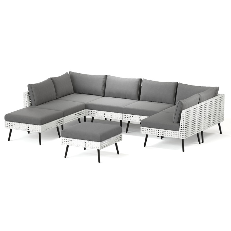 6 - Person PE Wicker Sectional Conversation Set With Cushions, 8 Pcs: 4 Armless, 2 Corner Chairs, Table, Ottoman
