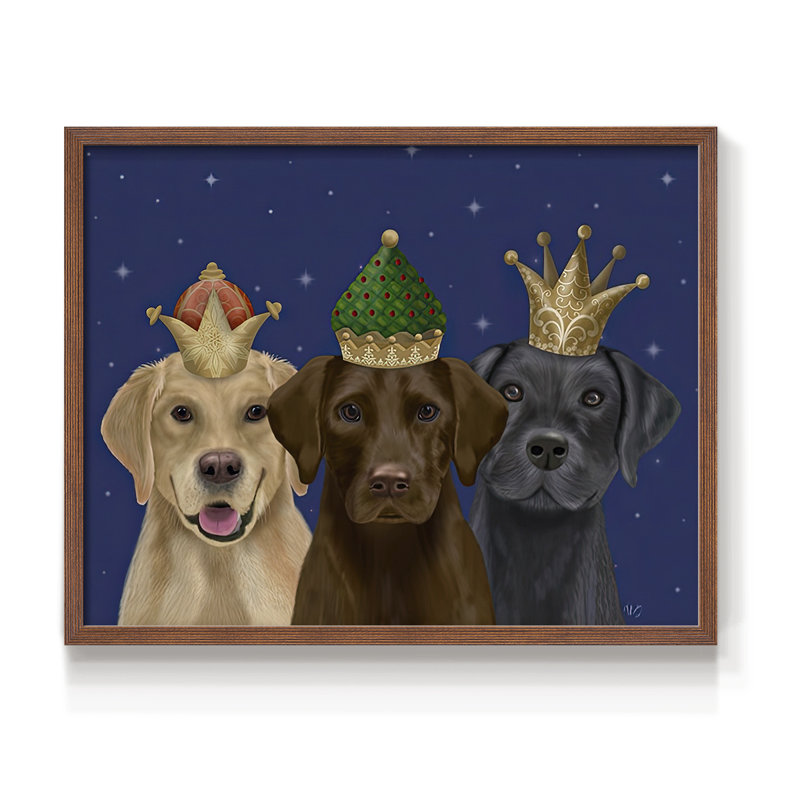 Labradors de Noël, trois rois - impression encadrée - réversible, H 11 po x l 14 po, Noyer