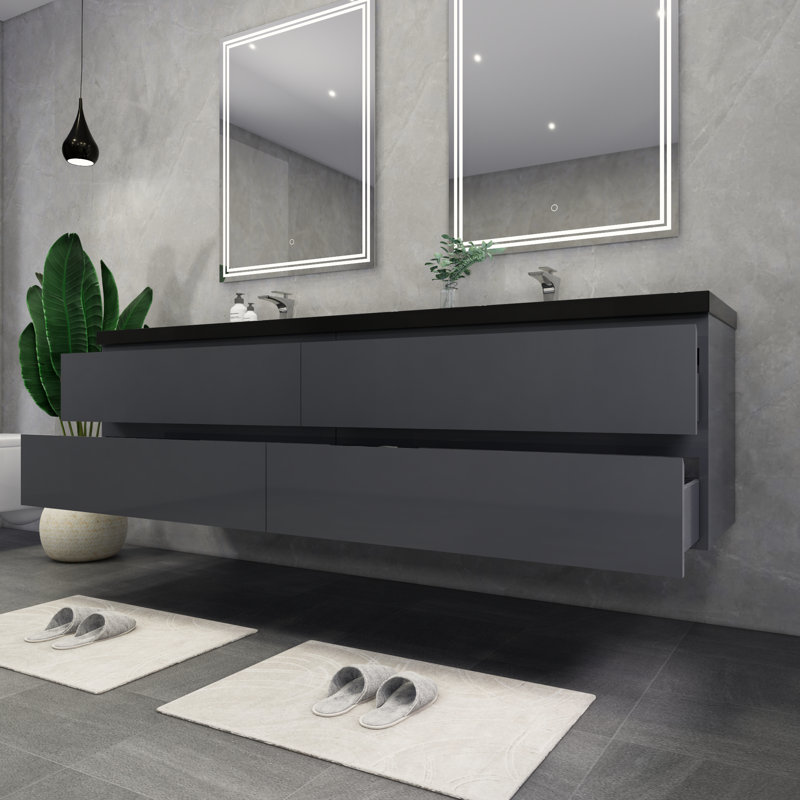 Kirker 83.5'' Double Bathroom Vanity with Acrylic Top, Glossy Gray