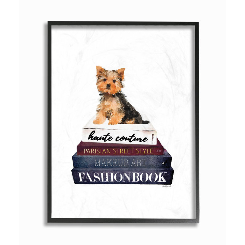 « mode designer pet dog bookstack », impression, H 20 po x l 16 po, Giclée encadrée noir minuit