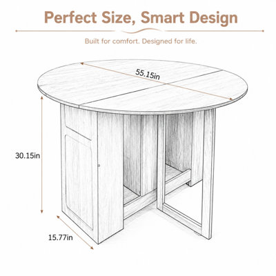 Table de salle à manger pliante extensible ronde de 140 cm (55 pouces) avec rallonges rabattables, table pliante multifonctionnelle moderne idéale pour les petits espaces et les appartements.