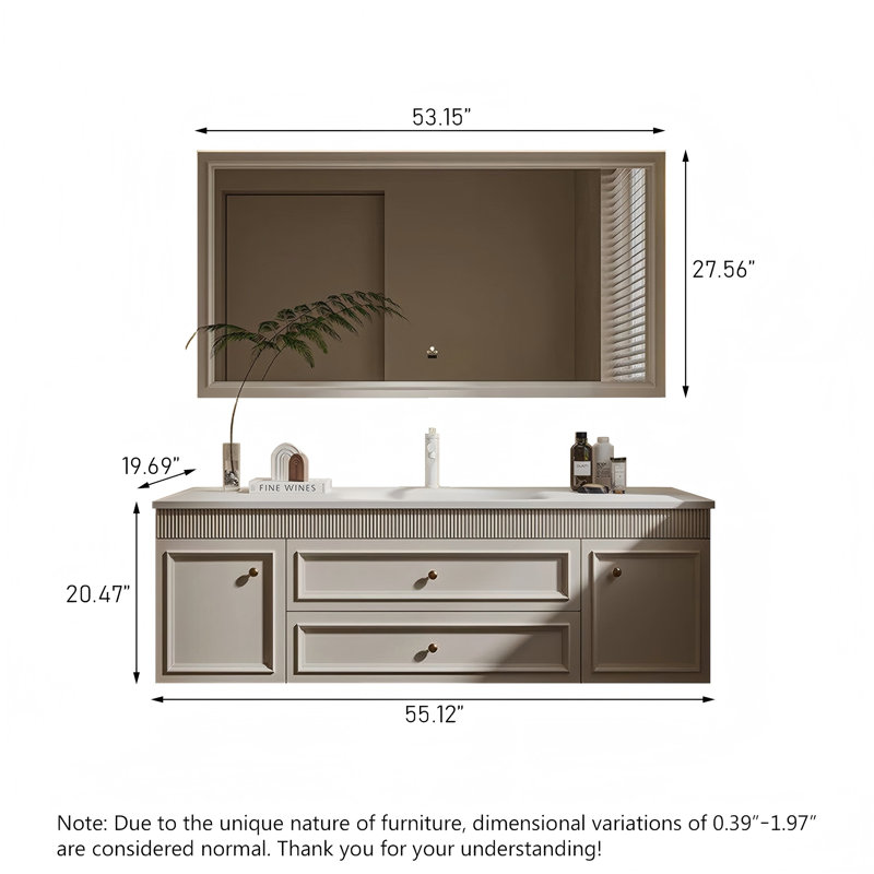 Meuble-lavabo de salle de bain moderne et minimaliste, lavabo intégré en pierre frittée cintrée à chaud, 2 tiroirs et 2 portes avec miroir intelligent