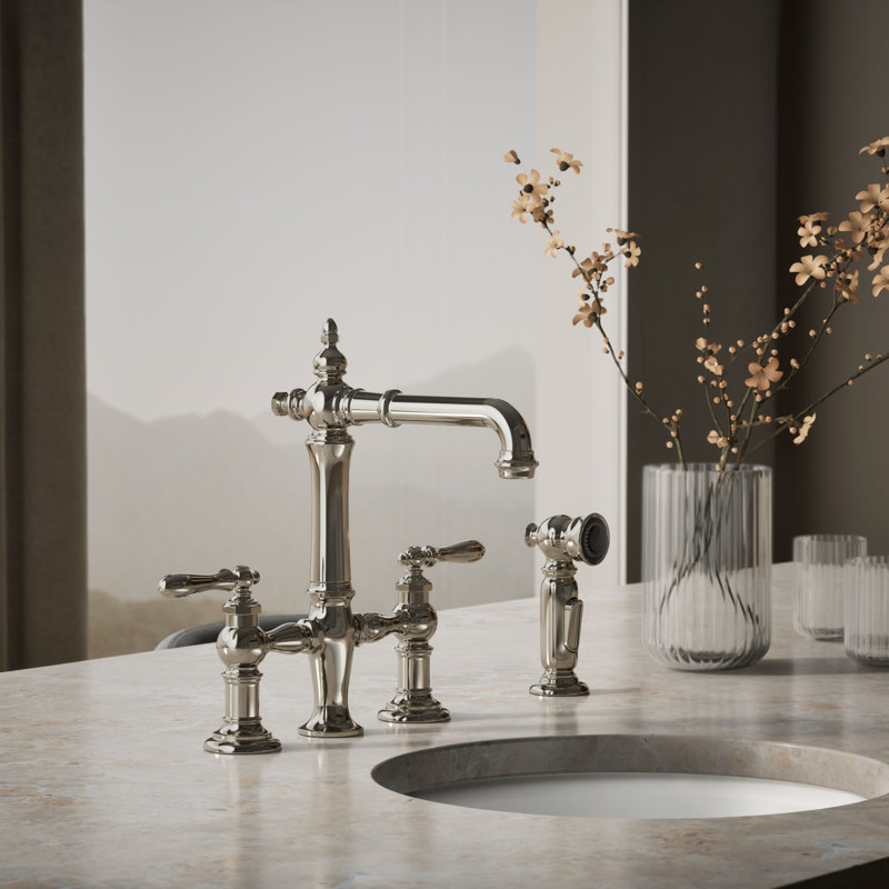Artifacts® Bridge Faucet with Side Spray, Vibrant Polished Nickel, Lever Handle
