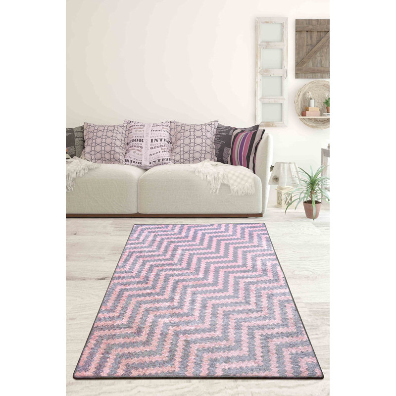 Stylish Hall Carpet 2.6 x 9.8 Feet, Pink & Grey, 100% Polyester | Non-Slip Underside, Antibacterial, Machine Washable | Low Pile Height: 0.2 in, Total Thickness: 0.4 in, Perfect for Home Decor & Entryways