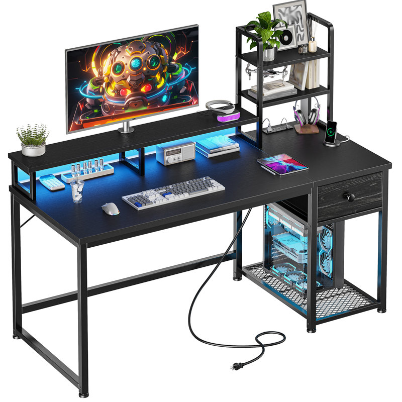 Computer Desk With  Led Lights And Power Outlets, Gaming Desk With Monitor Stand,Home Office Writing Desk With Storage And 2 Shelves