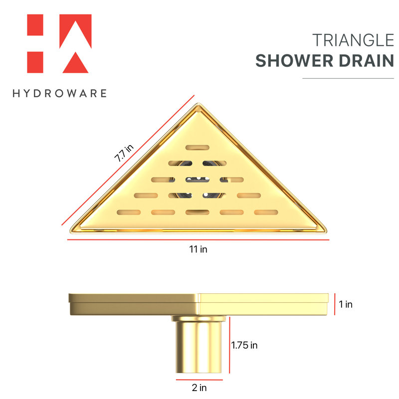 11” GRID CORNER SHOWER DRAIN with Hair Strainer & Lifting Hook – Modern Stainless Steel Drain for Bathroom Showers, Yellow