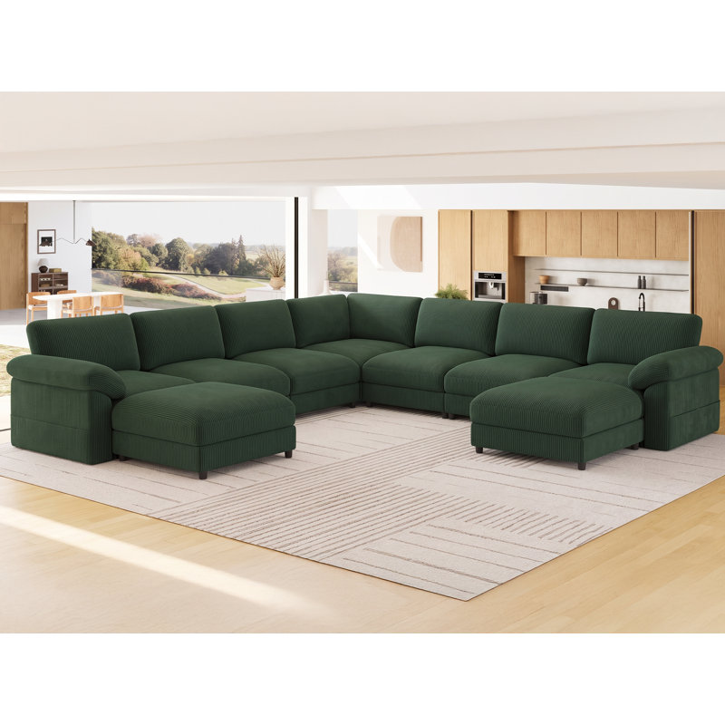 Hardaway Upholstered Chenille U-Shaped Sectional with Ottoman, Green Corduroy, 37.44" H x 115" W x 33.5" D