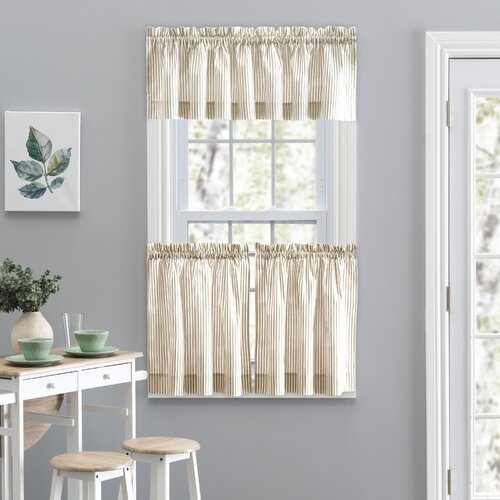 Gracie Oaks Charis Striped Cotton Blend Tailored 56'' W Cafe Curtain ...