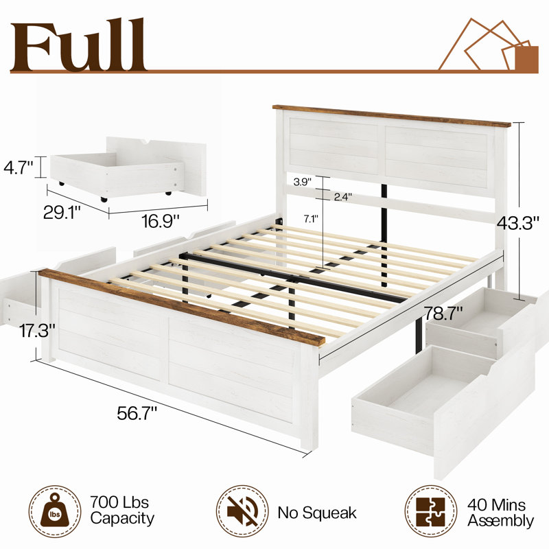  Full Size Solid Wood Platform Bed with 4 Storage Drawers, White/Brown, Full, Rustic White/Brown
