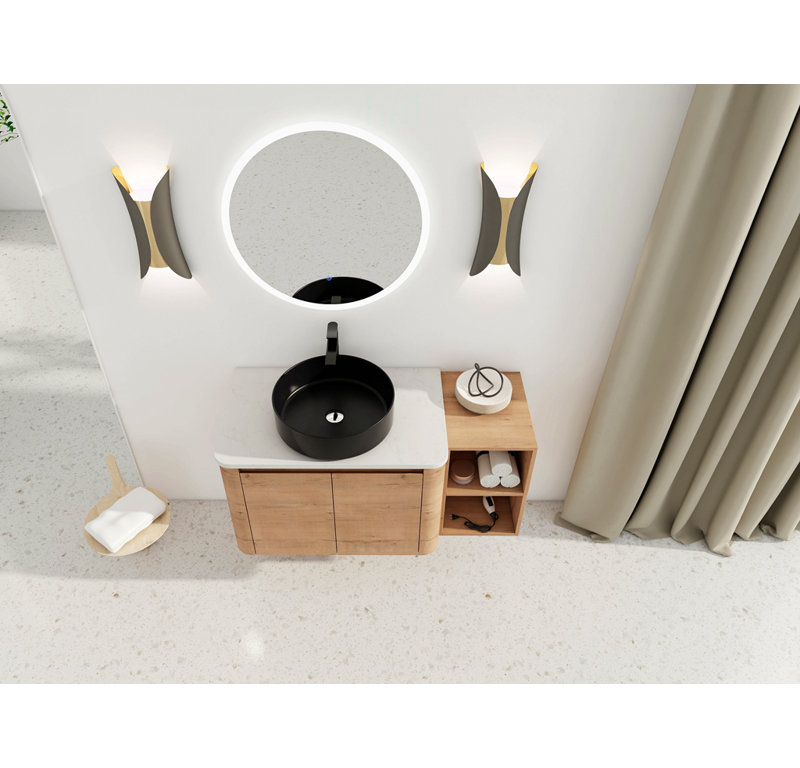 Meuble-lavabo mural de 42 po avec lavabo d'art en céramique, 1 tablette de rangement et 2 portes à fermeture douce, écologique et élégant