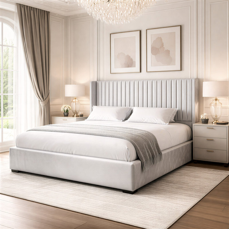 Premium Plush Bed Frame – Elegant Padded Bed with 48” Statement Headboard, Solid Wooden Bed – Contemporary Designer Finish