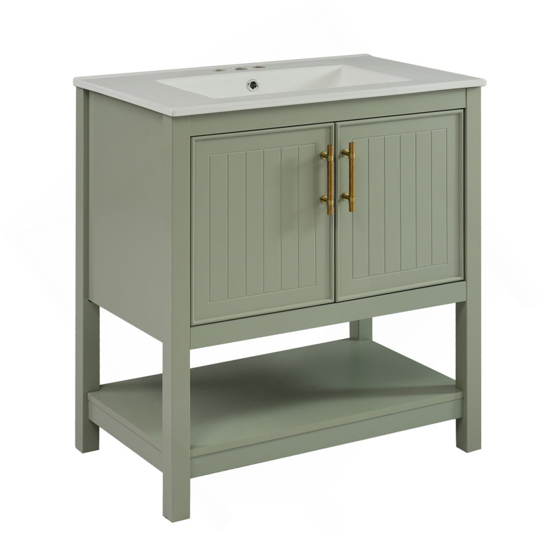 Meuble-lavabo vert de 30 pouces avec lavabo en céramique et rangement polyvalent - idéal pour les petites salles de bain