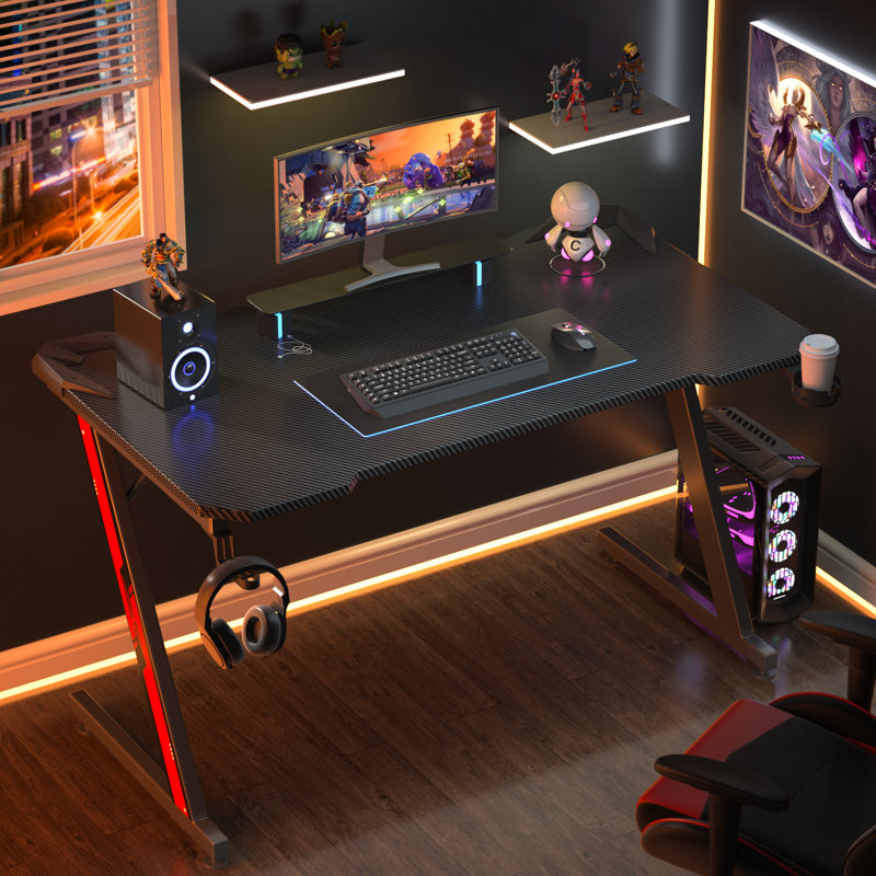 Heidrick Carbon Fiber Surface Z-Shaped Leg PC Gaming Desk with Headphone Hook and Cup Holder, 29.3" H x 55" W x 23.6" D