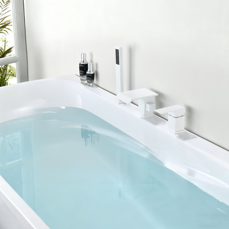 Solid Brass Deck Mounted Waterfall Roman Tub Filler with Hand Shower, White